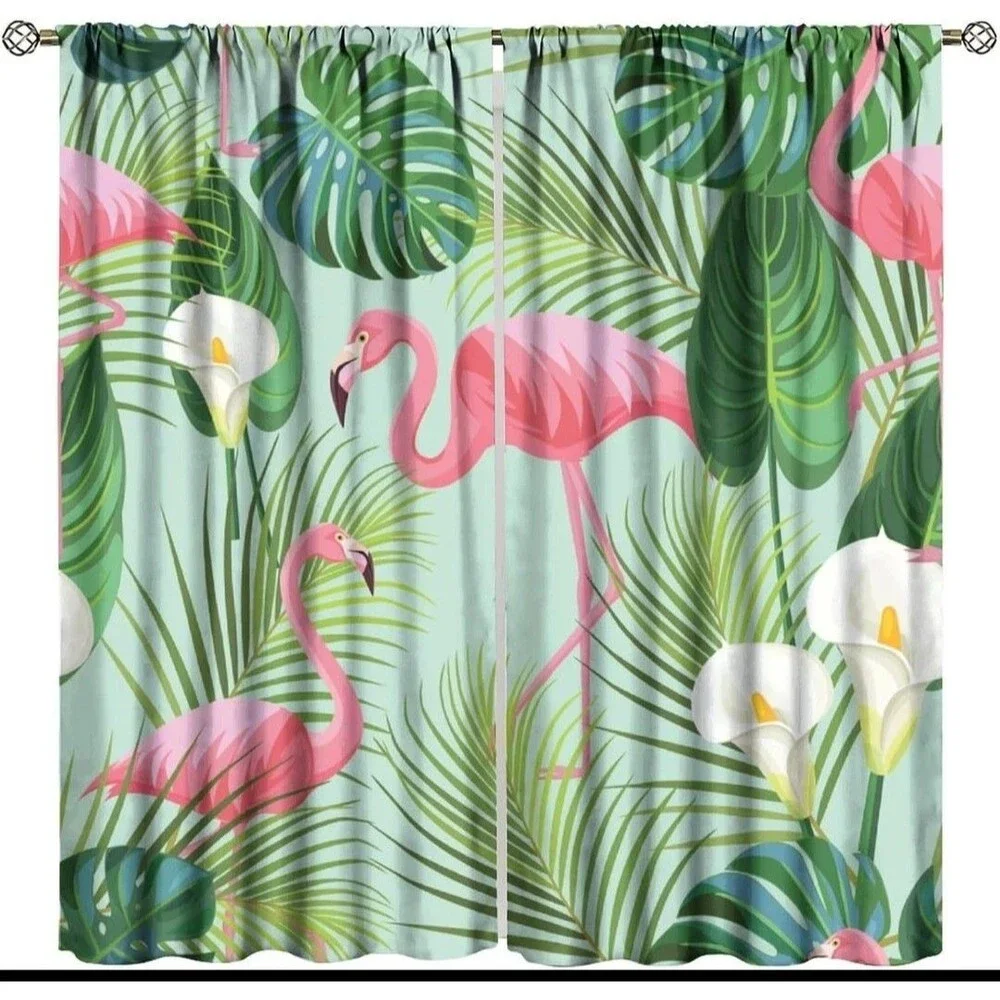 GEEORY Tropical Leaf & Flamingo Window Curtain Panel Pair - Green/Pink 84